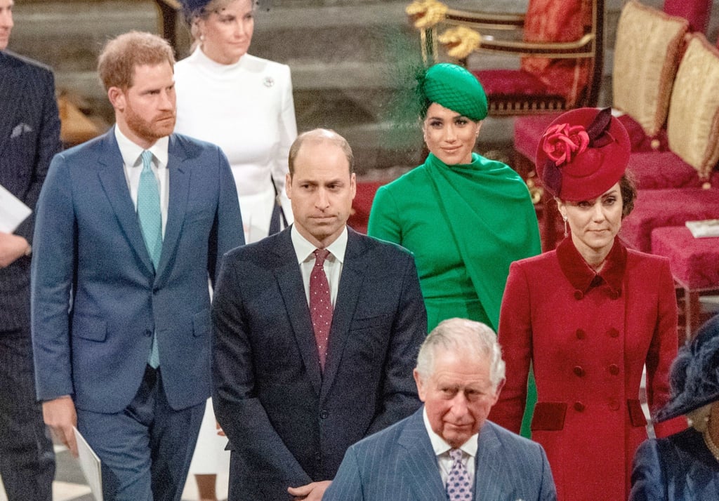 Prinz Harry (l-r), Prinz William, Meghan, Herzogin von Sussex, und Kate, damalige Herzogin von Cambridge, verlassen hinter dem damaligen Prinz Charles (vorne) Westminster Abbey nach dem Gottesdienst anlässlich des Commonwealth-Tages.