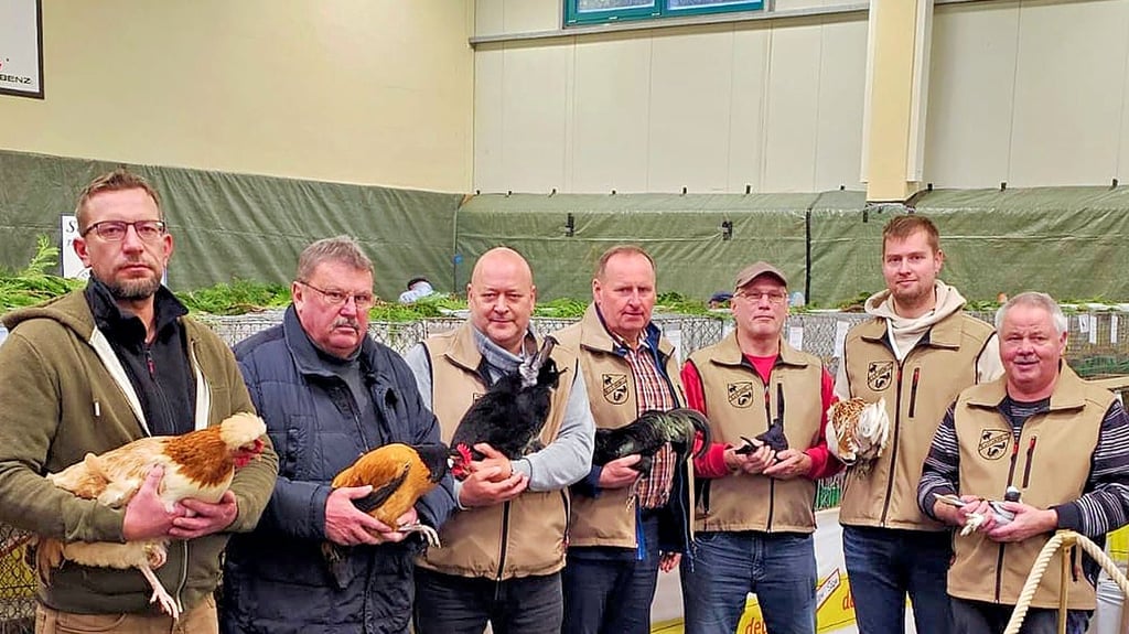 Die Vereinsmeister und Zuchtpreisträger sind (v. l. n. r.): Roman Antrick, Horst Peglow, Matthias Hauf, Lutz Braumann, Gerald Otto, Andy Braumann und Jörg Heydenreich.