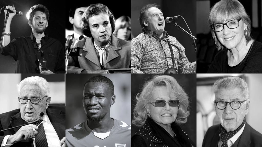Prominente Todesfälle im November 2023 (o.v.l.): Shane MacGowan, Sandra Day O'Connor, Denny Laine, Heidelinde Weis; (u.v.l.): Henry Kissinger, Agyemang Diawusie, Hannelore Kramm, Heinz Dürr