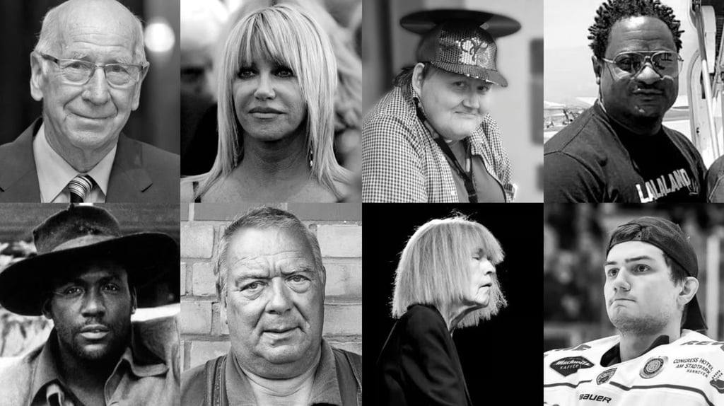 Prominente Todesfälle im Oktober 2023 (o.v.l.): Bobby Charlton, Suzanne Somers, Steffen"Grossi" Großmann, Keith Jefferson; (u.v.l.): Richard Roundtree, Lutz Riemann, Carla Bley, Jan Dalgic
