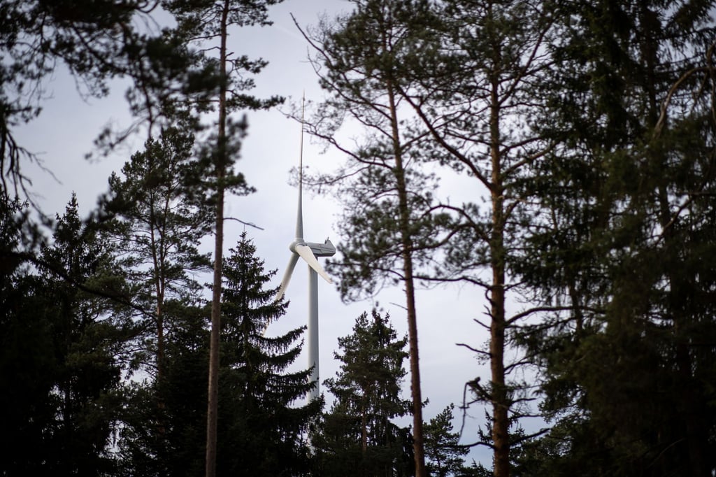 Eine Windkraftanlage steht im Wald.