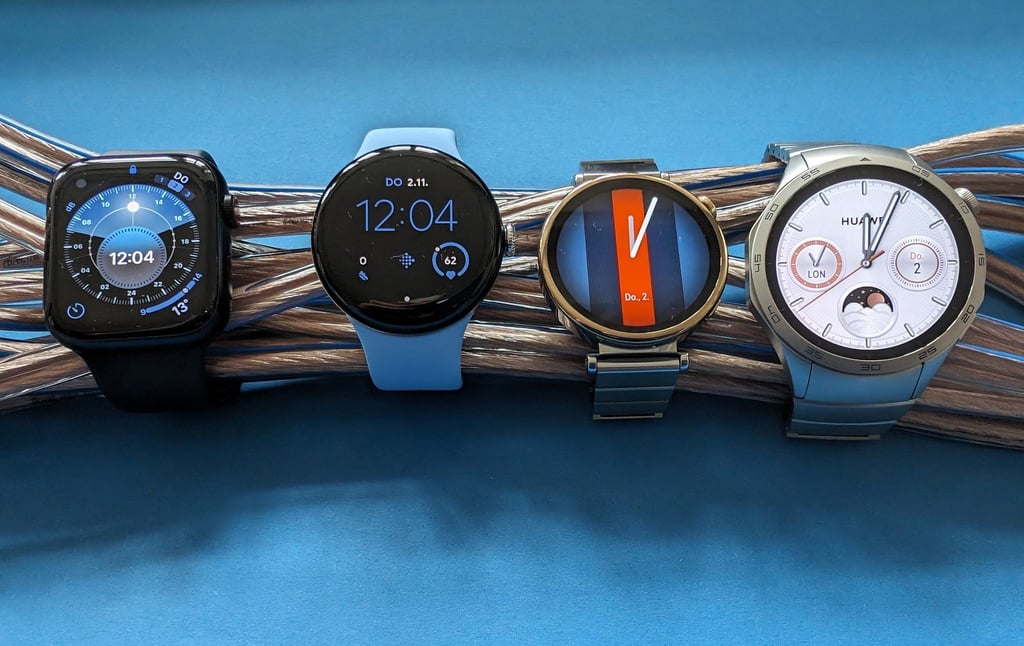 Smartwatches im Vergleich (l-r): Apple Watch Series 9, Google Pixel Watch 2, Huawei GT 4 (41mm) und Huawei GT 4 (46mm).