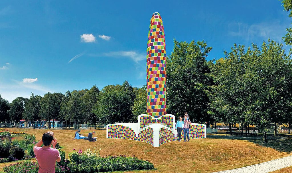 Eine Modellansicht des Friedensmonuments „Floris Pax“ am Standort im Elbauenpark Magdeburg.