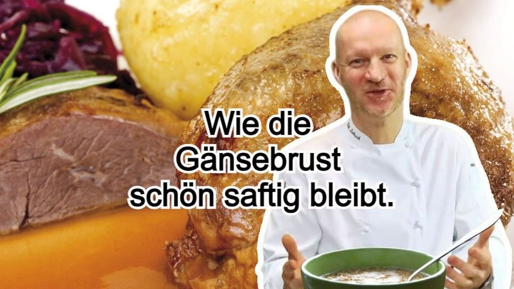 Wie die Gänsebrust vom Weihnachtsmenü schön saftig bleibt, erklärt der Sternekoch im Video.