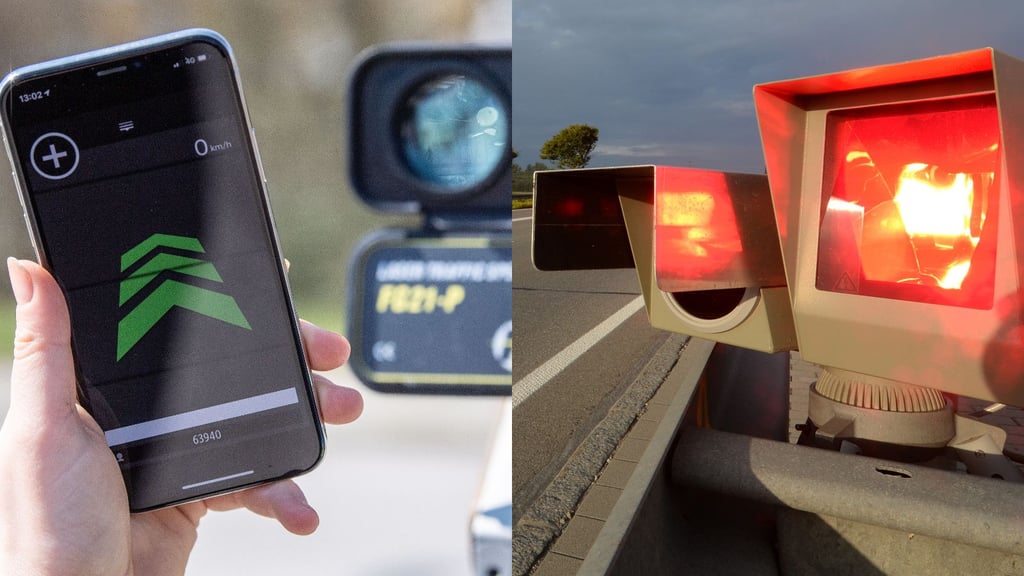 Ein Smartphone mit einer Blitzer-Warnungs-App vor einer mobilen Geschwindigkeits-Messanlage. Die Nutzung der App kann für Autofahrer teuer werden.