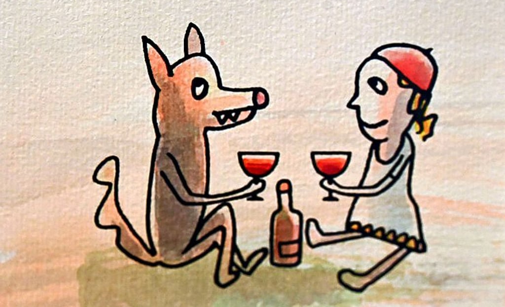 Rotkäppchen und der Wolf trinken Rotwein.