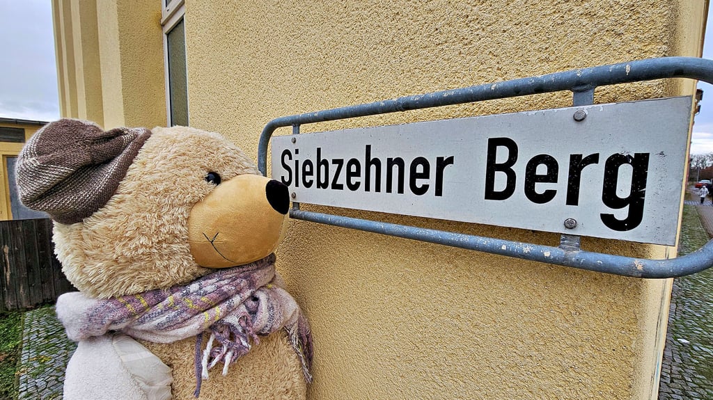 Heute ist am Siebzehner Berg nichts mehr zu sehen, was auf seinen Namen schließen lässt. Teddy hat sogar das Schild genauestens untersucht.