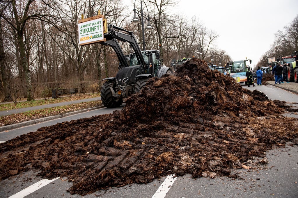 Auf einer Demonstration des Bauernverbandes hat ein Teilnehmer eine Wagenladung Mist ausgekippt.