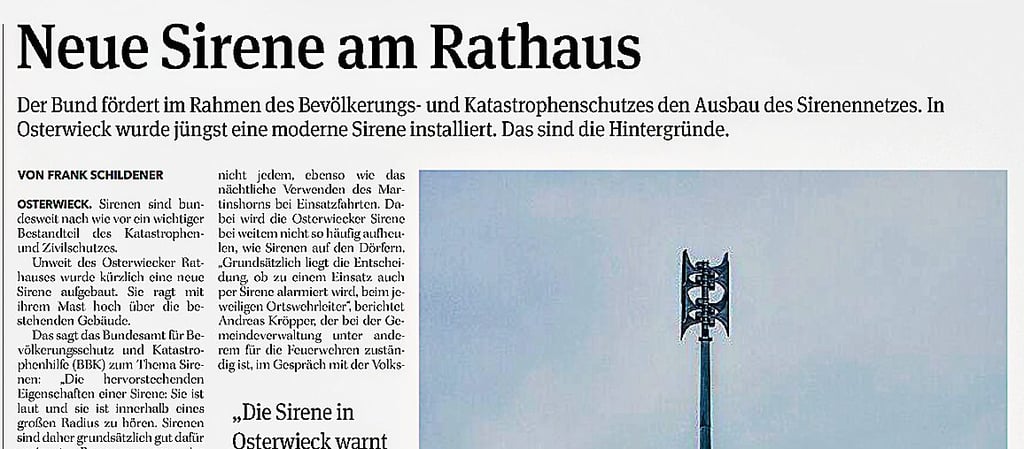 Der Bericht zur neuen Sirene in Osterwieck von Mittwoch.