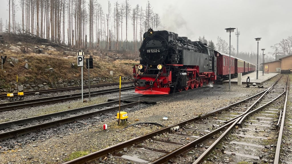 Ein Zug der Harzer Schmalspurbahnen GmbH steht im Bahnhof Schierke.