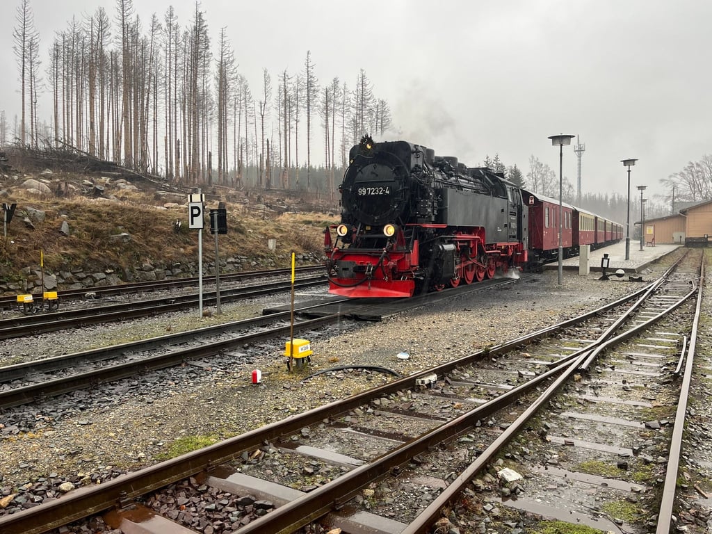 Ein Zug der Harzer Schmalspurbahnen GmbH steht im Bahnhof Schierke.