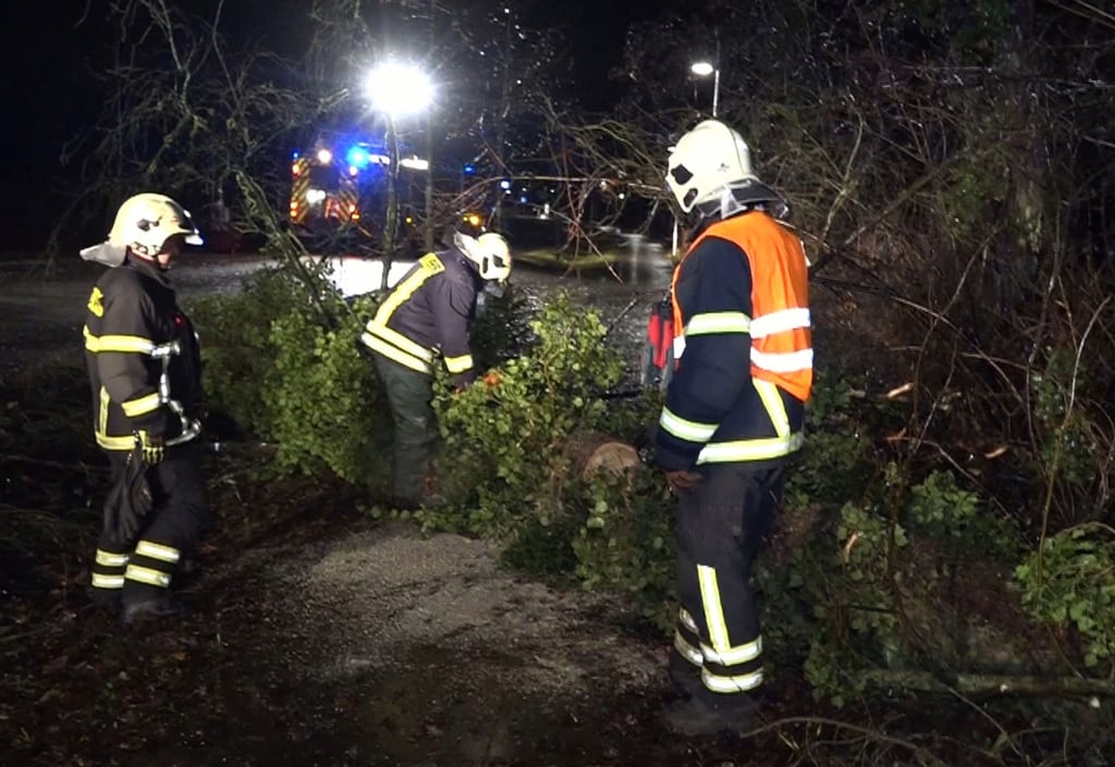 Ein Feuerwehrmann zerlegt einen umgestürten Baum.