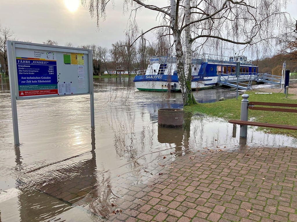 So sah es am Mittwochnachmittag an der Anlegestelle von Fähre und MS „Saalefee“ in Bernburg aus. Die Saale uferte entlang der Promenade geringfügig aus.