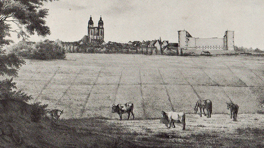 Der Steindruck von E. Dietrich um 1828 zeigt Wittenberg mit seinen umliegenden Feldern. Dort kann man sich in früherer Zeit Jakob Kahle, genannt Fresskahle, in Aktion vorstellen.