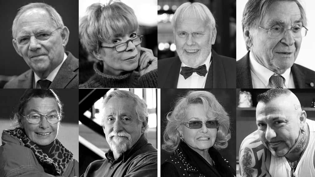 Prominente Todesfälle im Dezember 2023 (o.v.l.): Wolfgang Schäuble, Ingrid Steeger, Gunther Emmerlich, Elmar Wepper; (u.v.l.): Jutta Müller, Mike Nussbaum, Hannelore Kramm, Alfio De Benedictis "Fabrizio" 