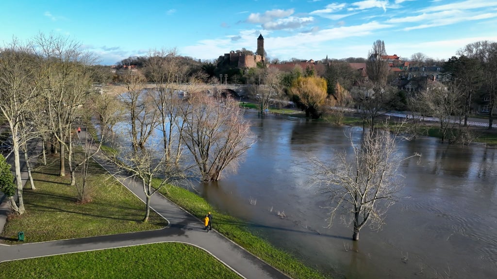 Der gestrige Wasserstand der Saale unterhalb der Burg Giebichenstein.
