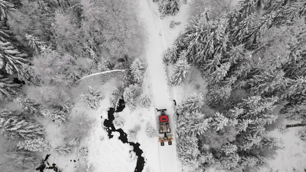 David Nagel vom Nationalpark Harz ist mit seinem Loipenspurgerät in der Renneckenberg Loipe bei Schierke unterwegs.