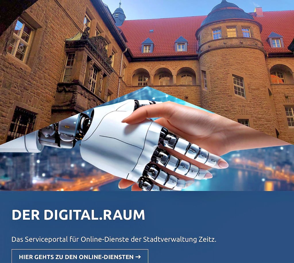 Rathaus digital: Immer mehr Angebote der Stadtverwaltung können von den Bürgern in Zeitz, wie der Bildausschnitt der städtischen Webseite in der Collage zeigt, bequem von zu Hause aus genutzt werden.