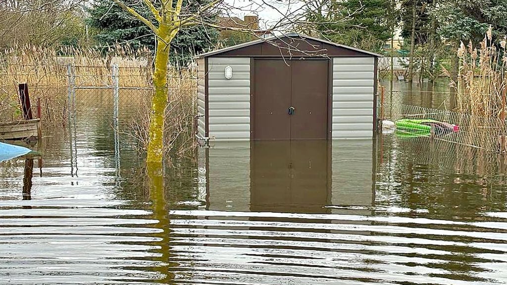 Hochwasser 2023/2024: Der Kleingarten von Jens Hoffmann in der Altstadt Seehausen (Altmark) ist eins geworden mit dem Aland. Da geht es seinen Nachbarn ähnlich.