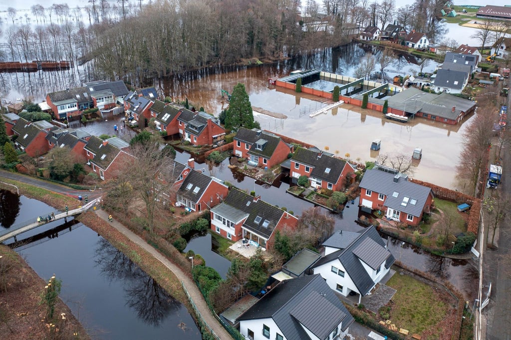 Häuser im Hochwassergebiet in der Gemeinde Lilienthal bei Bremen.
