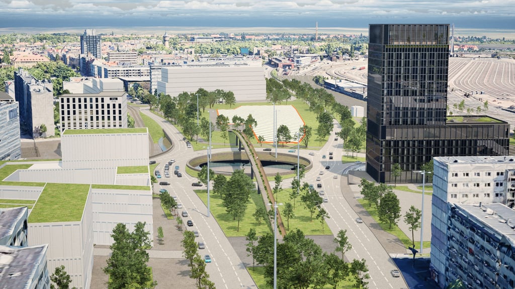 So könnte der neue Riebeckplatz aussehen. Auf der schraffierten Fläche soll das Zukunftszentrum stehen.