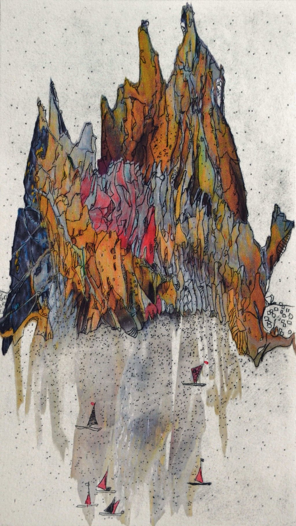 "Im Schatten der Berge", farbige Kaltnadelradierung von Klaus Fezer