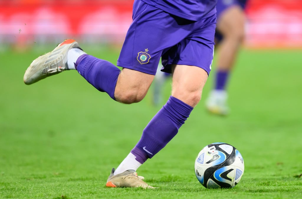 Das Logo von Erzgebirge Aue ist auf der Hose eines Spielers zu sehen.