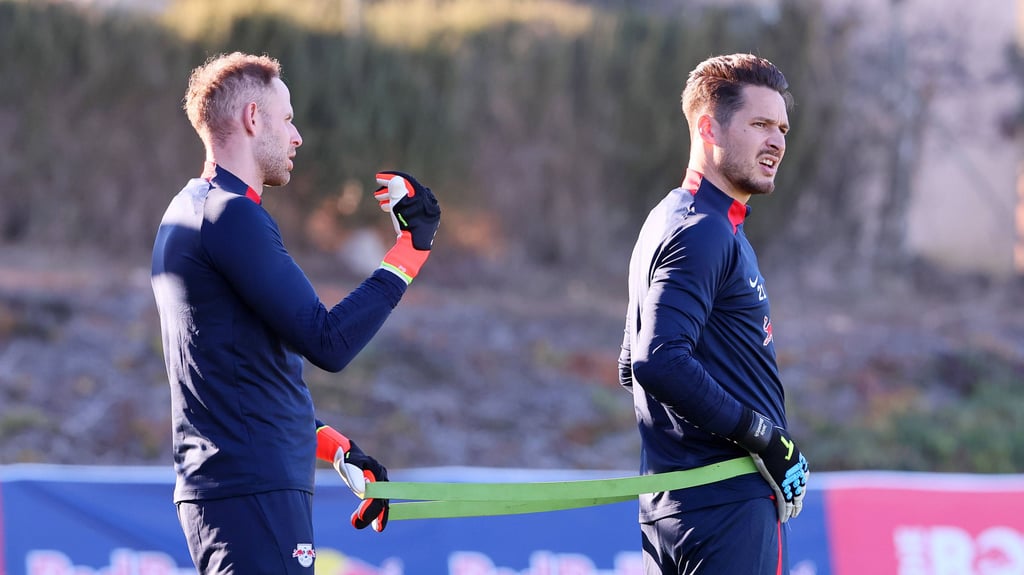 Er steht im Tor, und ich dahinter: Janis Blaswich und Peter Gulacsi (von rechts).