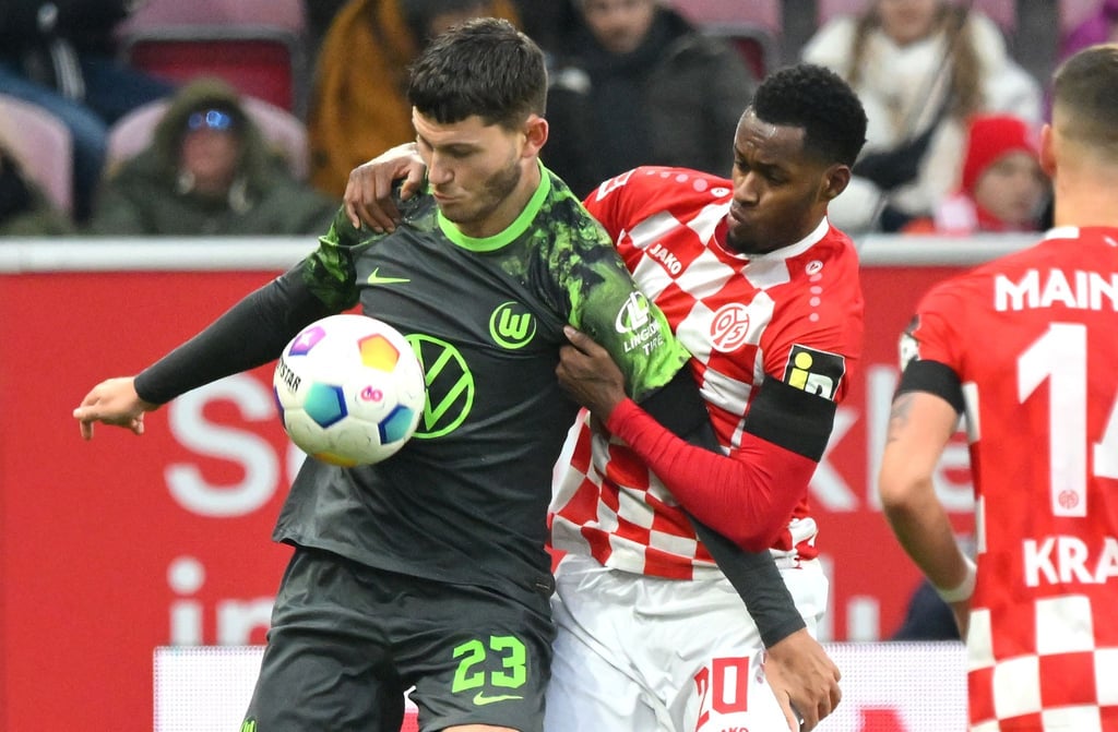 Wolfsburgs Jonas Wind (l) schirmt den Ball vor dem Mainzer Edmilson Fernandes ab.