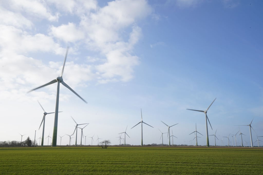 Windenergieanlagen stehen auf einem Feld.