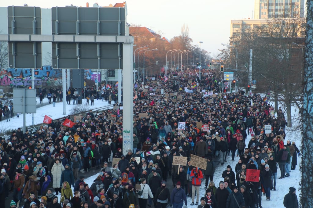 Rund 16.000 Menschen haben am Samstag in Halle gegen die AfD demosntriert. Hier die Demo kurz vor dem Riebeckplatz.
