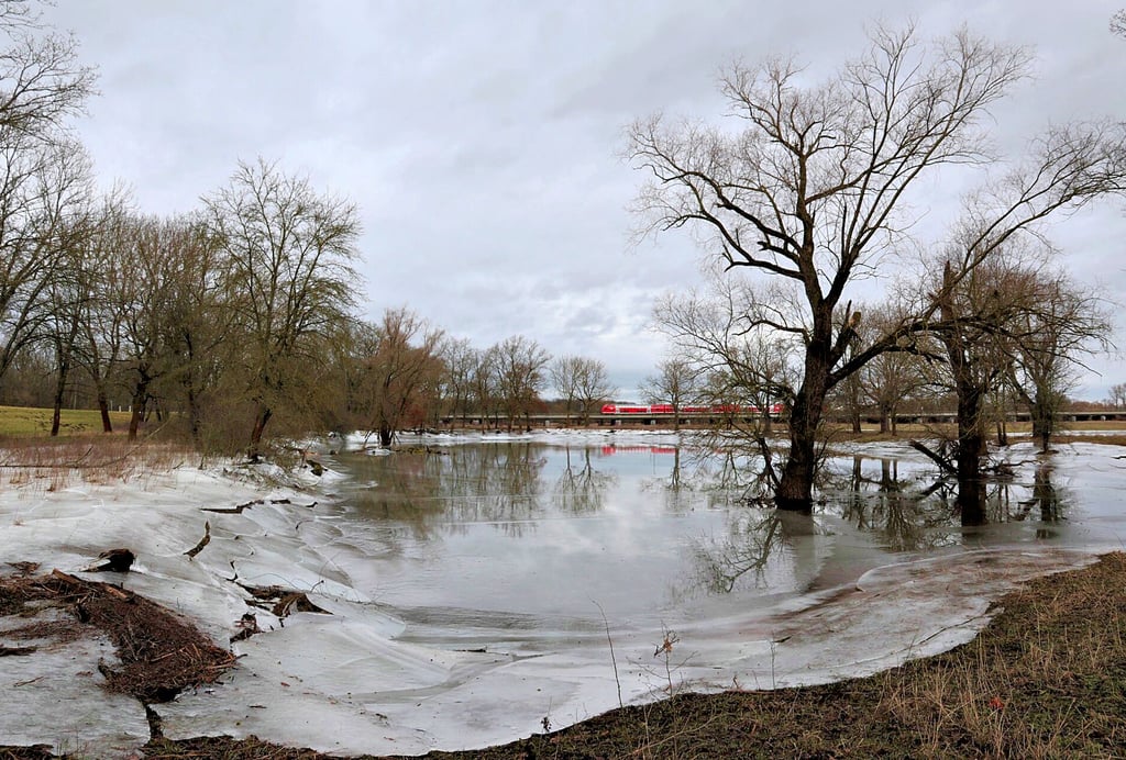 Blick in die Umflut nahe der Magdeburger Eisenbahnbrücke zwischen Herrenkrug und Biederitz. Das Wasser hält sich hier noch in den Senken. Über das Steingrabensiel läuft wieder Wasser aus dem Furtlake-Grabensystem in den Kanal ab.
