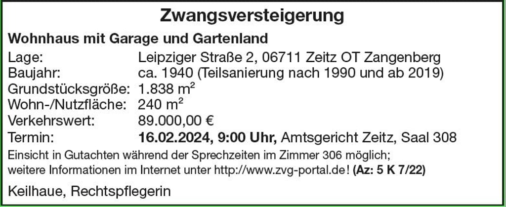 Zwangsversteigerungen Amtsgericht Zeitz