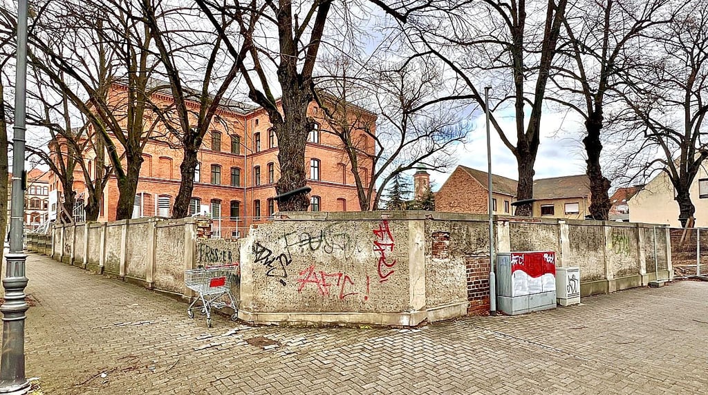 Die marode Mauer am ehemaligen Goethegymnasium in Roßlau, an der Ecke zur Liebknechtstrasse.