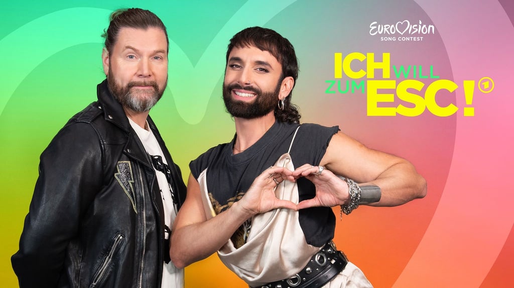 Rea Garvey (l) und Conchita Wurst in der Kulisse von „Ich will zum ESC!“.