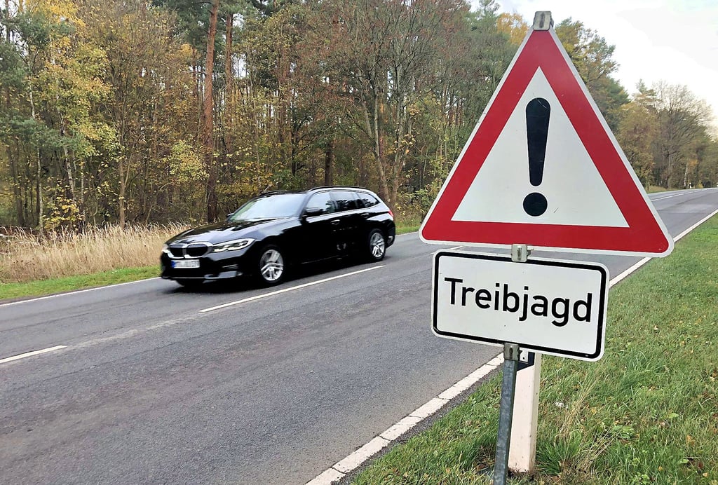 Ein Warnschild informiert an der B189 über eine Treibjagd. Doch laut der Stadt Magdeburg nicht bei jeder Jagd müssen entsprechende Schilder aufgestellt werden.