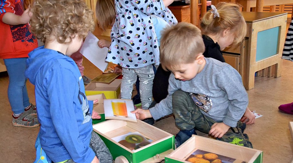Jonas (l.) und Fiete (r.) haben Spaß dabei, die Karten mit Bildern von Lebensmitteln entsprechend ihrer Bedeutung richtig einzusortieren.