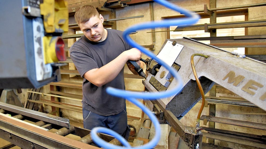An seinem Beruf mag Lucas Meier die Materialien, mit denen gearbeitet wird, und die große Vielfältigkeit an Aufgaben. Auf dem Foto bedient er gerade die Metallbandsäge.