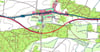 Unweit der B 190 (blaue Linie) soll die Umgehung (rote Linie) entstehen. Lilafarbig wurden die beiden Überholspuren gekennzeichnet. 