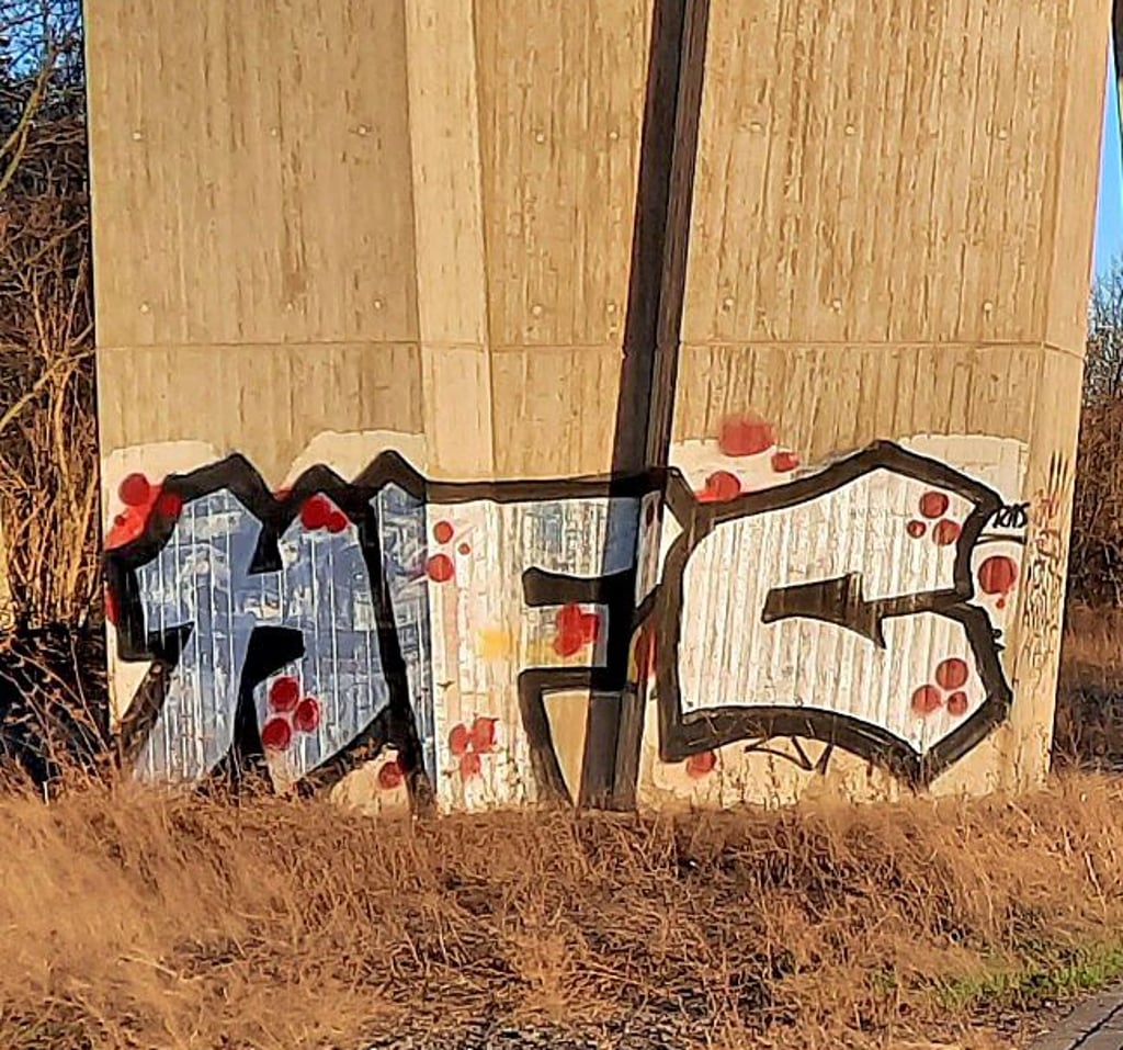 An den Pfeillern der B 91-Brücke über die Saale sind Fußball-Graffiti von HFC-Fans zu finden.