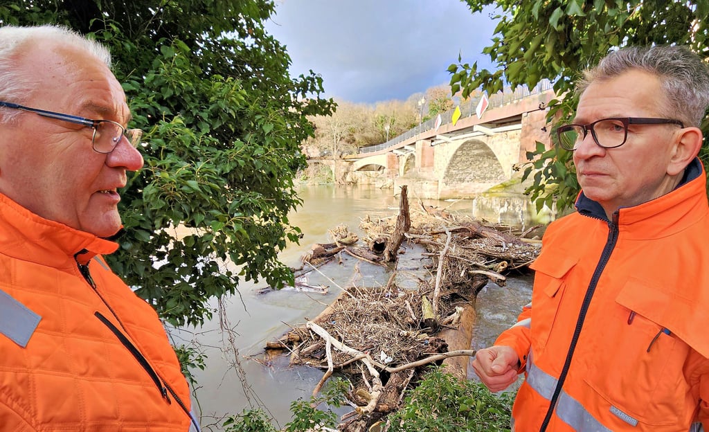 Hartmut Gastrock (l.) vom Wasserstraßen- und Schifffahrtsamt Elbe und Merseburgs Amtsleiter Gerd Heimbach beraten vor Ort an der Neumarktbrücke, wie das Treibgut beseitigt werden kann.