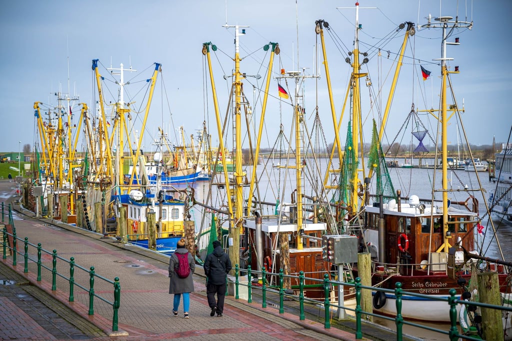 Touristen spazieren an Booten entlang, die im Krabbenkutterhafen von Greetsiel liegen.