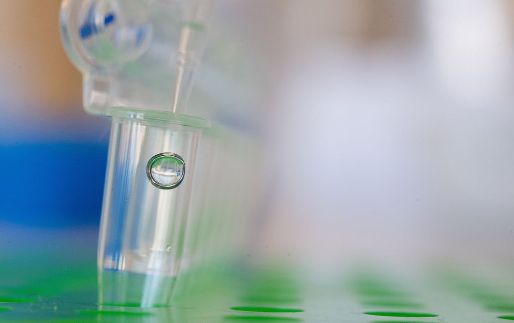 Eine Wissenschaftlerin füllt eine Flüssigkeit mit einer Pipette in einen Behälter.