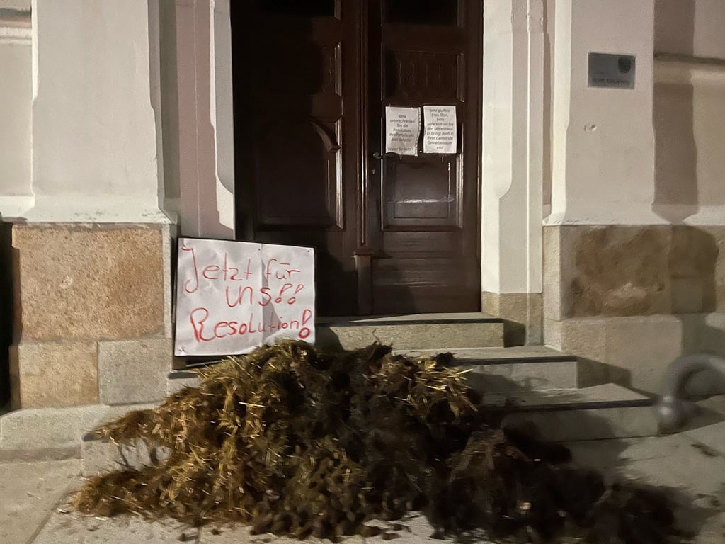 Ein Misthaufen liegt vor dem Rathaus der Stadt.
