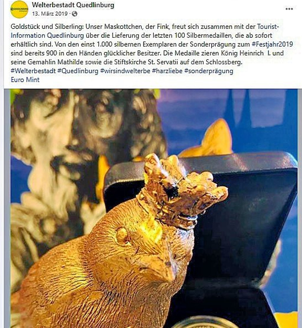 2019 in Quedlinburg: Seit dem Festjahr ist der Fink das Maskottchen.