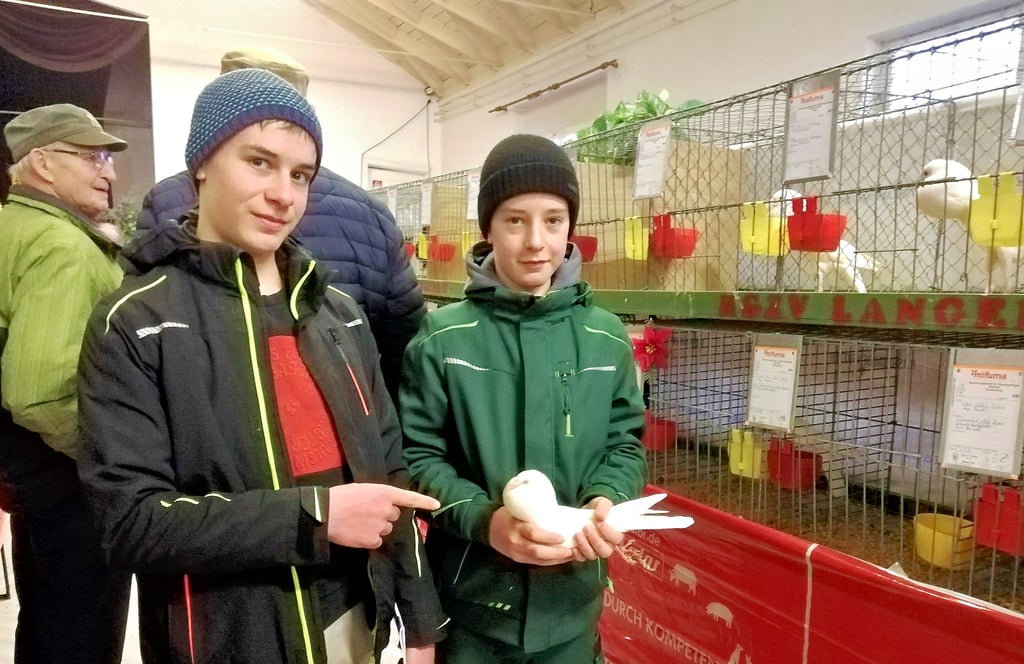 Jacob und Fabian Bergk (links) züchten Tiere. Jakob haben es vor allem Brünner Kröpfer in weiß angetan. So brachte er seine Tauben zur Ausstellung des Geflügelzuchtvereins Langendorf und Umgebung, die in Könderitz stattfand, mit.