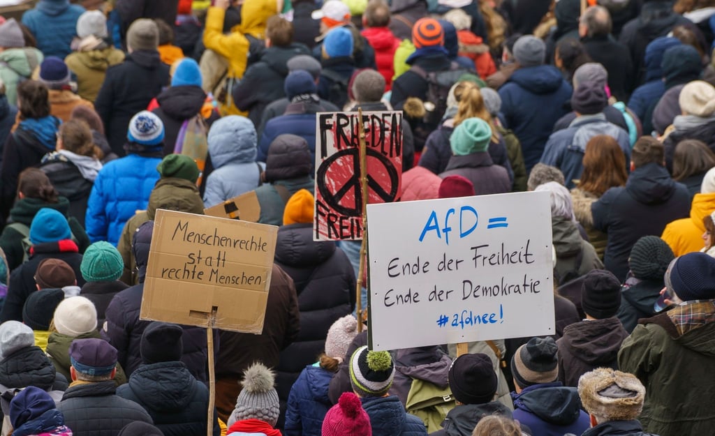 Zahlreiche Menschen demonstrieren auf dem Römerberg in Frankfurt gegen die AfD und gegen Rechtsextremismus.