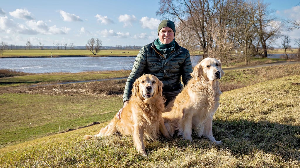 Alexander Pirich genießt mit seinen beiden Golden Retrievern die Lage direkt an der Elbe.