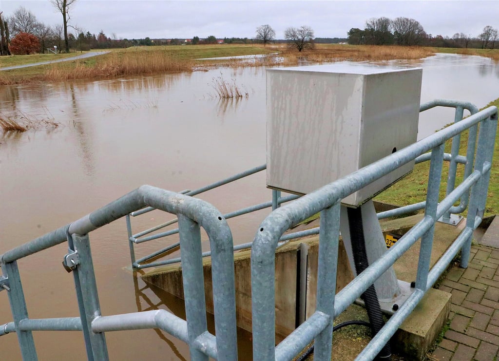 Die Schwarze Elster, hier am Schöpfwerk bei Klossa, ist wieder reichlich gefüllt. Der hohe Wasserstand im Fluss hält bereits seit Dezember an.