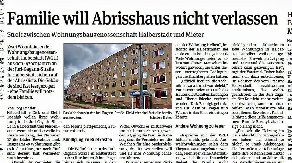Das Halberstädter Tageblatt berichtete Anfang Mai 2023 über den Fall an der Juri-Gagarin-Straße.